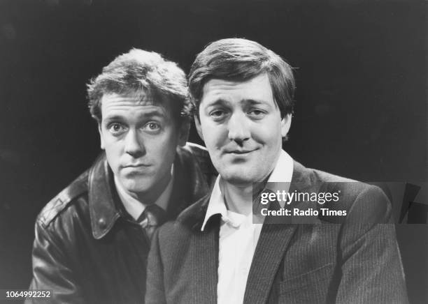 Portrait of comic actors Stephen Fry and Hugh Laurie, December 17th 1988.