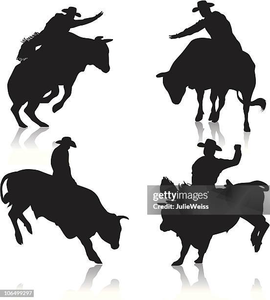 bull riding silhouettes - cowboy hat white background stock illustrations
