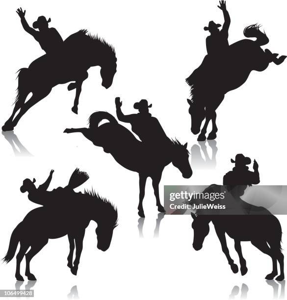 bockendes rodeo-reiten ohne sattel pferde - bucking horse stock-grafiken, -clipart, -cartoons und -symbole