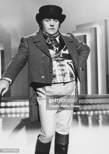 Comedian Les Dawson in costume on the set of the television series 'The Les Dawson Show', November 5th 1982.