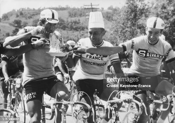 June 3Rd 1966, Giro D Italia, Vittorio Adorni, Jacques Anquetil And Felice Gimondi Eating Spaghetti