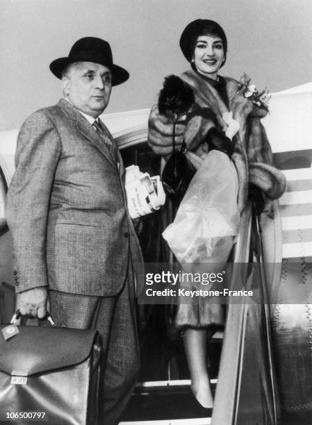 Malpensa International Airport. Maria Callas And Giovanni Battista Meneghini Leaving For The United States Tour. January 1958.
