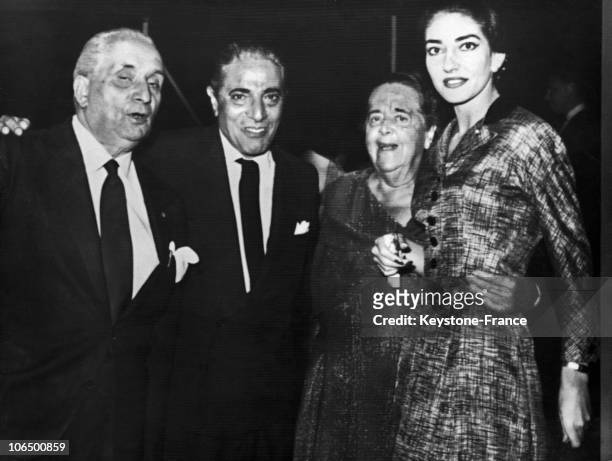The Diva , Her Lover The Greek Ship Industrialist Aristite Onassis , Her Husband, Giovanni Battista Meneghini And The Journalist Elsa Maxwell Who...