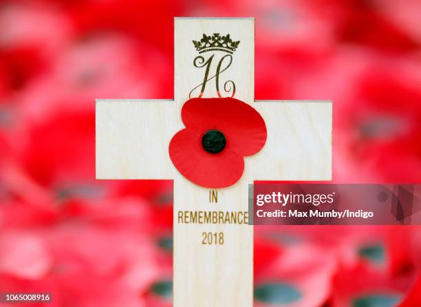 Prince Harry, Duke of Sussex's Remembrance Cross adorned with a poppy and his Royal Cypher which he planted in the Field of Remembrance at...