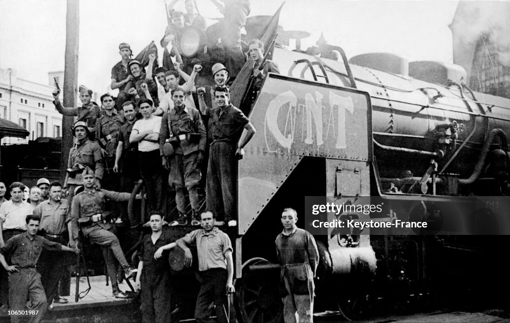 Spanish Civil War : Locomotive Of The Cnt During The March On Saragossa In 1936