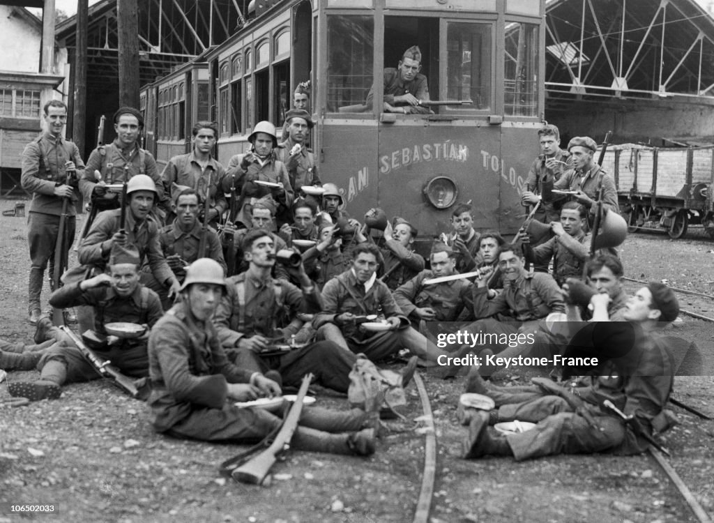 Spanish Civil War : Nationalist Troops Occupying A Train Station In San Sebastian, 1936