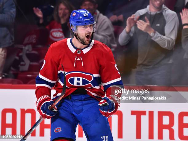 Tomas Tatar of the Montreal Canadiens reacts after scoring a third period goal against the Boston Bruins during the NHL game at the Bell Centre on...