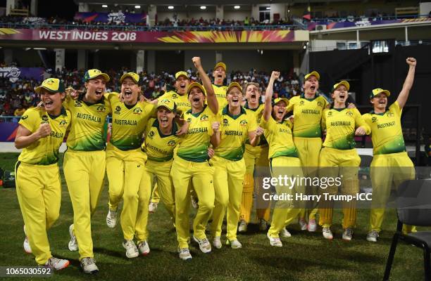 The Australian side celebrate after the final winning runs are hit during the ICC Women's World T20 2018 Final between Australia and England at Sir...