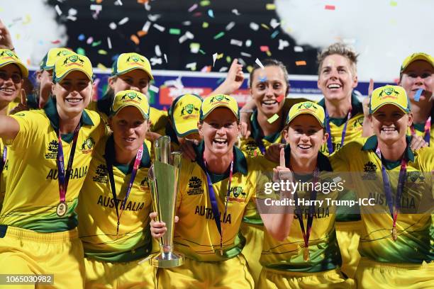 Meg Lanning of Australia celebrates with the trophy during the ICC Women's World T20 2018 Final between Australia and England at Sir Vivian Richards...