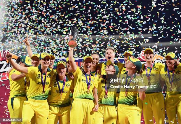 Meg Lanning of Australia celebrates with the trophy during the ICC Women's World T20 2018 Final between Australia and England at Sir Vivian Richards...