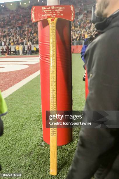Paul Bunyan axe awaits Minnesota during a college football game between the University of Wisconsin Badgers and the University of Minnesota Golden...