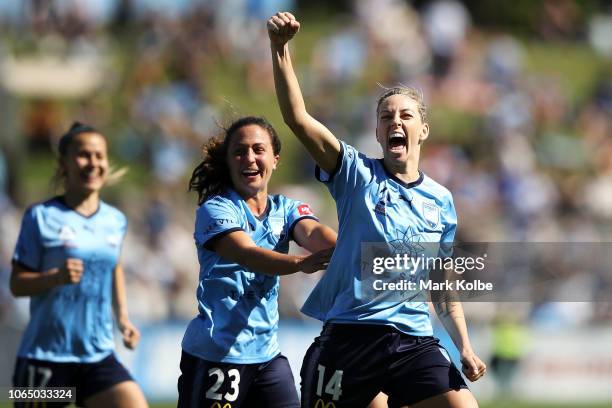 Angelique Hristodoulou and Danielle Colaprico of Sydney FC celebrate with Alanna Kennedy of Sydney FC as she celebrates scoring a goal during the...