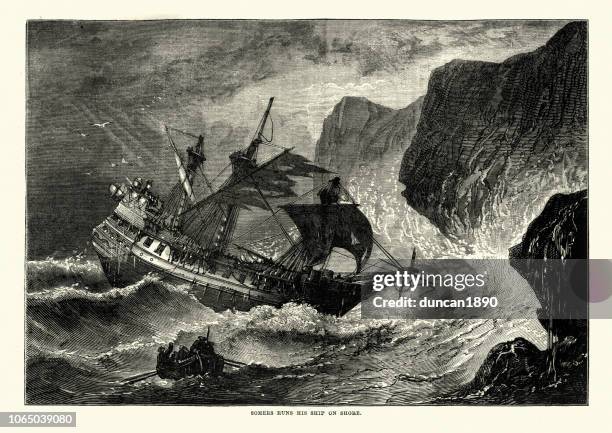 ilustrações de stock, clip art, desenhos animados e ícones de george somers runs his ship on shore, bermuda - século xvii