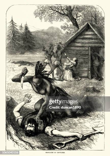 massacre of early settlers by native americans - stabbing stock illustrations