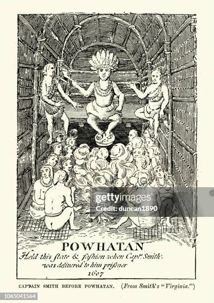 powhatan in a longhouse at werowocomoco, native american chief - powhatan people stock illustrations