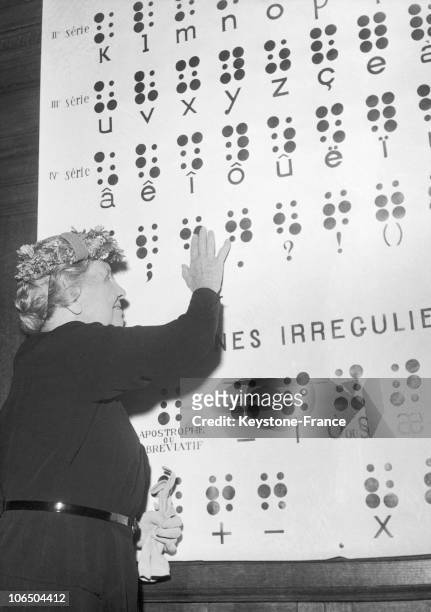 American University Student Helen Keller, Stands Before A Frame With The 64 Basic Symbols For The Braille Writing System In French During A Tribute...