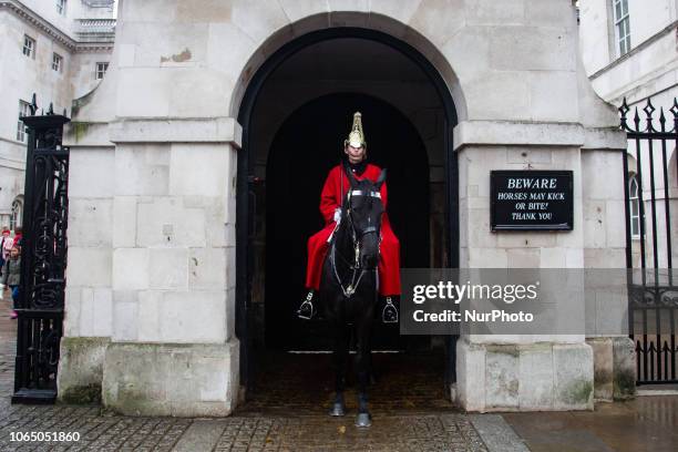 Mounted trooper of the Household Cavalry on duty at Horse Guards off Whitehall in central London, England, United Kingdom.