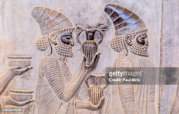 relief on a wall of the ancient city persepolis, shiraz, iran - carving sculpture stock pictures, royalty-free photos & images