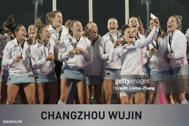 Third place winner of Argentina celebrates at the award ceremony during the FIH Champions Trophy 3rd/4th Place match between China and Argentina on...