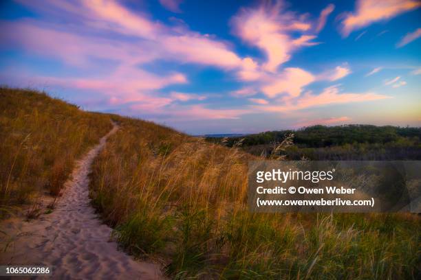 pink sunrise clouds on sand dunes - michigan landscape stock pictures, royalty-free photos & images
