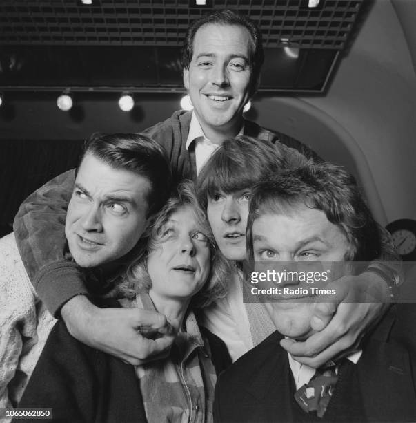 Portrait of television presenter Michael Barrymore with the cast of his BBC show 'Barrymore Plus Four'; Harry Enfield, Susie Blake, Robert Glenister...