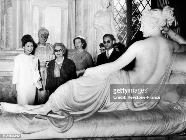 King Bhumibol And Queen Sirikit Before A Statue Of Paolina Borghese Shown In Borghese Museum In Rome.