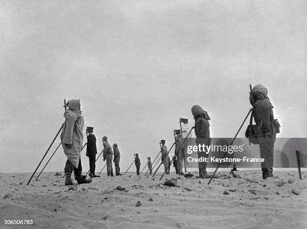 Group of dummies set up on the French nuclear weapons testing range near Reggane, Algeria, before Frances third atomic bomb test, 27th December 1960.