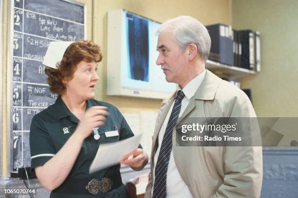 Actors Brenda Fricker and Bernard Gallagher in a scene from the BBC television series 'Casualty', April 10th 1986.