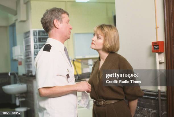 Actors Maria Friedman and Derek Thompson in a scene from episode 'Home Straight' of the BBC television series 'Casualty', February 24th 1991.