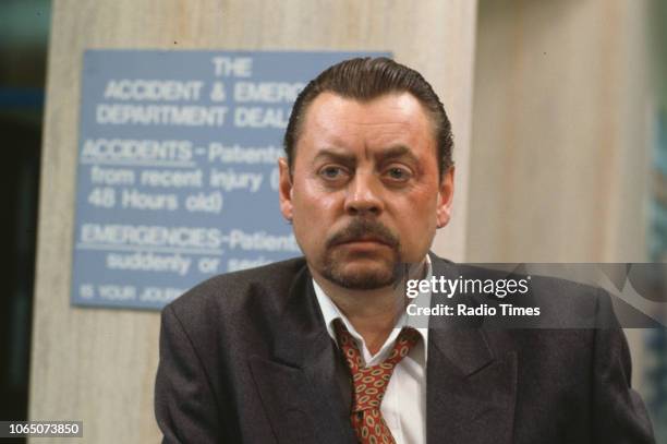 Actor Hywel Bennett pictured on set during the filming of episode 'Life in the Fast Line' of the BBC television series 'Casualty', September 8th 1992.