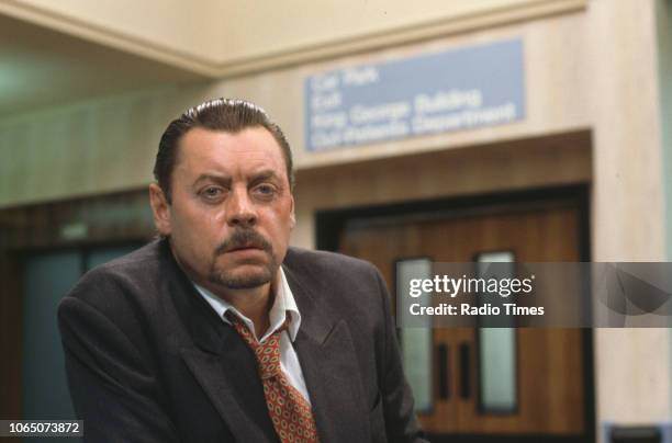 Actor Hywel Bennett pictured on set during the filming of episode 'Life in the Fast Line' of the BBC television series 'Casualty', September 8th 1992.