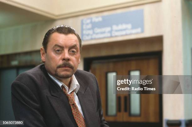 Actor Hywel Bennett pictured on set during the filming of episode 'Life in the Fast Line' of the BBC television series 'Casualty', September 8th 1992.