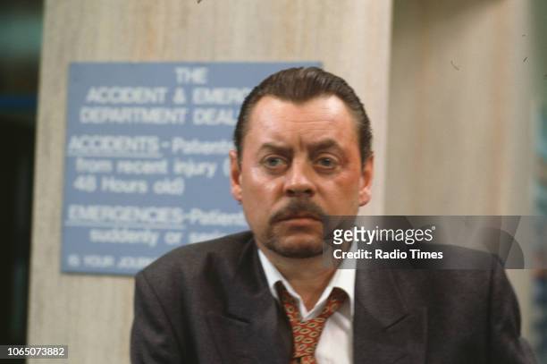 Actor Hywel Bennett pictured on set during the filming of episode 'Life in the Fast Line' of the BBC television series 'Casualty', September 8th 1992.