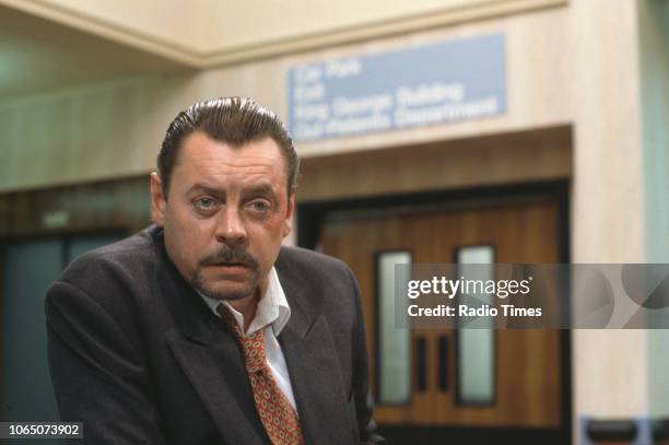 Actor Hywel Bennett pictured on set during the filming of episode 'Life in the Fast Line' of the BBC television series 'Casualty', September 8th 1992.