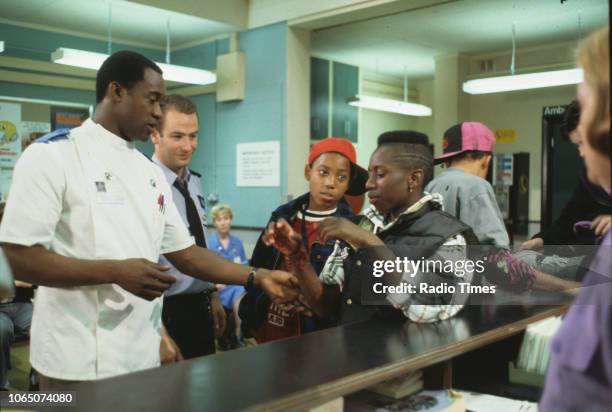 Actors Patrick Robinson and Robson Green in a scene from episode 'Something to Hide' of the BBC television series 'Casualty', May 15th 1991.