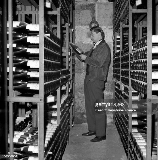 Claude Terrail, The Tour D'Argent Restaurant'S Owner, Selecting A Bottle Of Wine In His Cellar On January 12, 1964.