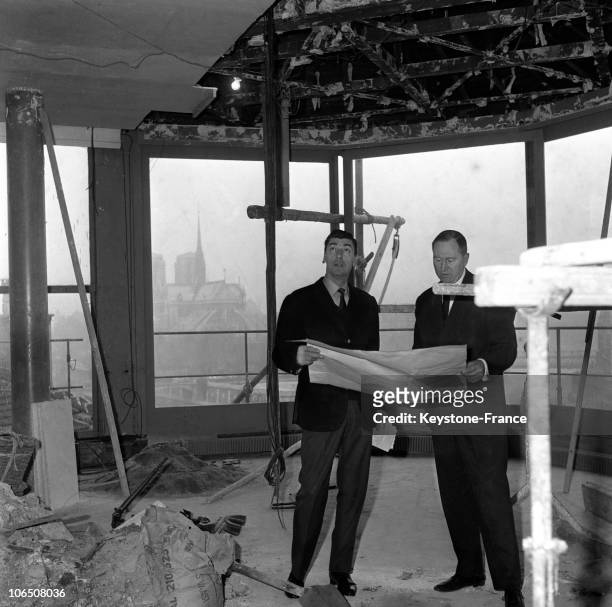 Claude Terrail, The Owner Of La Tour Dargent Restaurant Discussing A Detail Of The Future Fitting-Out Of His Establishment On January 12, 1964.