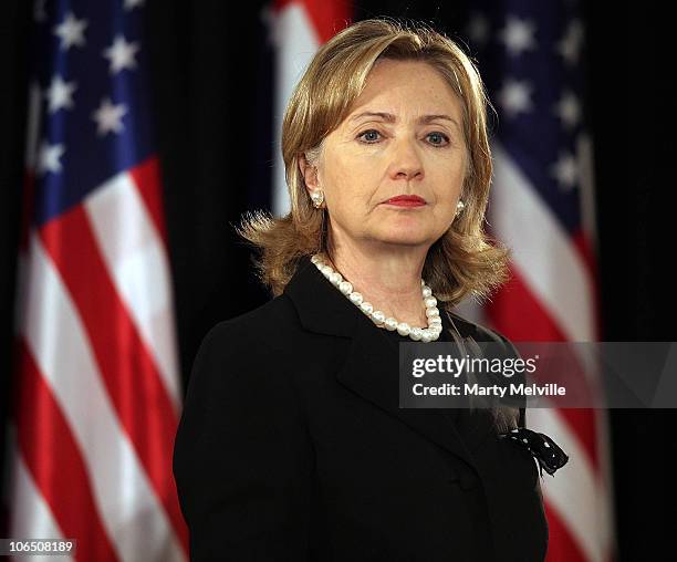 Secretary of State Hillary Clinton speaks to the media during a joint press conference with Prime Minister of New Zealand John Key at Parliament on...