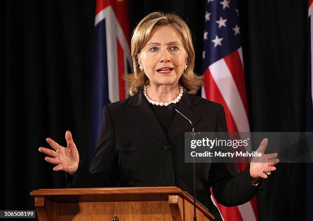 Secretary of State Hillary Clinton speaks to the media during a joint press conference with Prime Minister of New Zealand John Key at Parliament on...