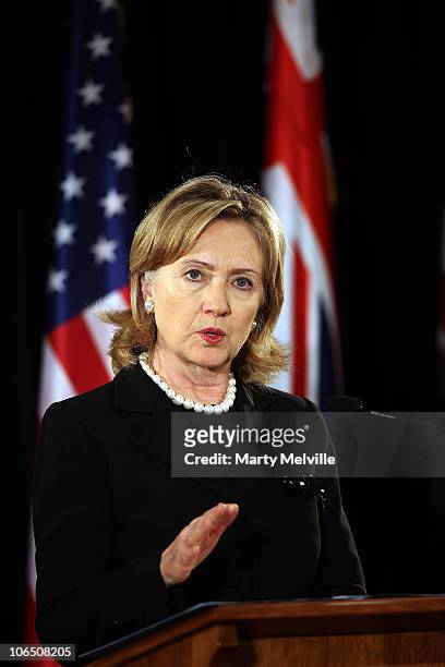 Secretary of State Hillary Clinton speaks to the media during a joint press conference with Prime Minister of New Zealand John Key at Parliament on...