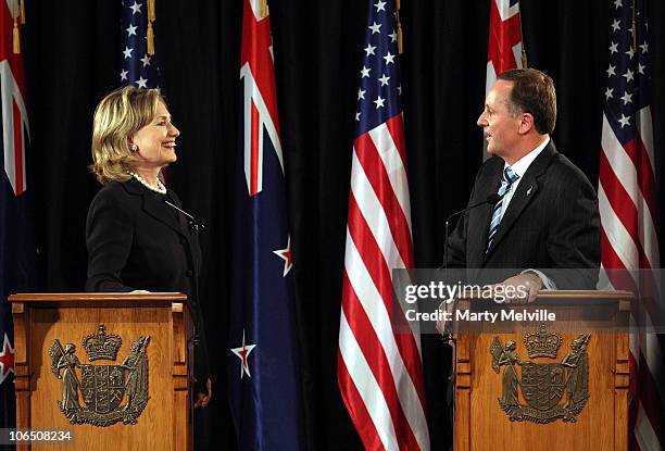 Prime Minister of New Zealand John Key and U.S. Secretary of State Hillary Clinton speak to the media during a joint press conference at Parliament...