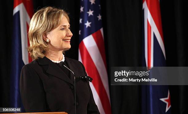 Secretary of State Hillary Clinton speaks to the media during a joint press conference with Prime Minister of New Zealand John Key at Parliament on...