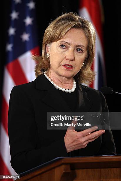 Secretary of State Hillary Clinton speaks to the media during a joint press conference with Prime Minister of New Zealand John Key at Parliament on...