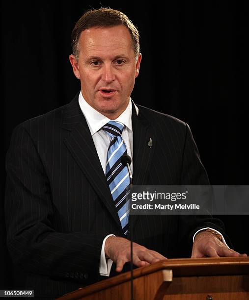 Prime Minister of New Zealand John Key speaks to the media during a joint press conference with U.S. Secretary of State Hillary Clinton at Parliament...
