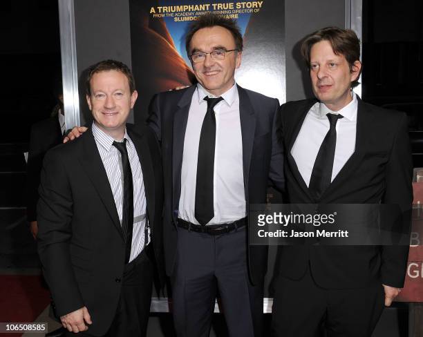 Writer Simon Beaufoy, writer/director/producer Danny Boyle, and producer Christian Colson arrive at the premiere of "127 Hours" at the Academy Of...