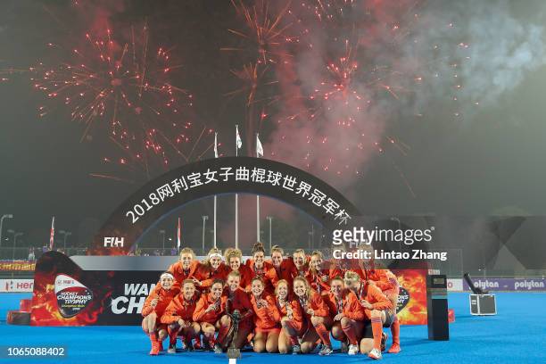 First place winners The Netherlands celebrate at the award ceremony following the FIH Champions Trophy Final match between Netherlands and Australia...