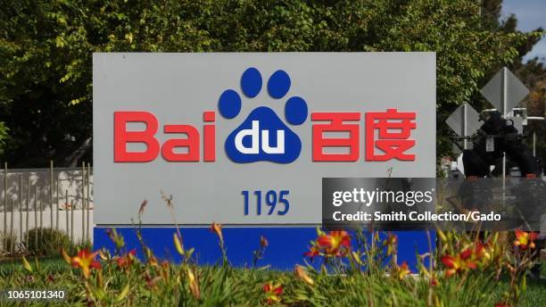 Close-up of sign at regional headquarters of Chinese internet company Baidu in the Silicon Valley town of Sunnyvale, California, October 28, 2018.