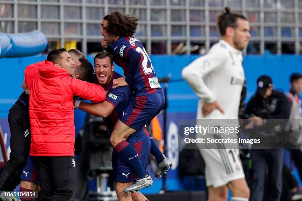 Sergi Enrich of SD Eibar, Marc Cucurella of SD Eibar, Gareth Bale of Real Madrid during the La Liga Santander match between Eibar v Real Madrid at...