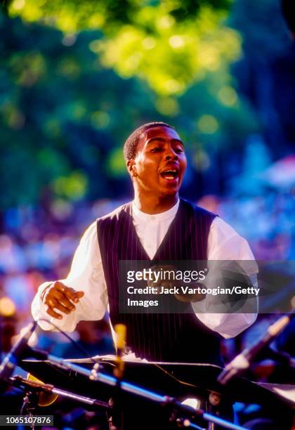 American Jazz musician and composer Roy Hargrove leads his Big Band at the Panasonic Village Jazz Festival in Washington Square Park, New York, New...