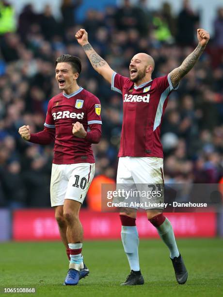 Jack Grealish and Alan Hutton of Aston Villa celebrate after the Sky Bet Championship match between Aston Villa and Birmingham City at Villa Park on...